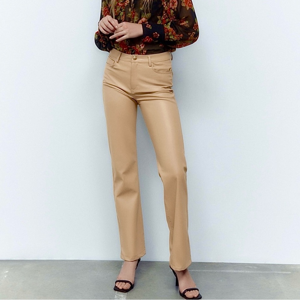 ZARA TAN FAUX LEATHER HIGH WAIST STRAIGHT LEG PANTS! Size 2